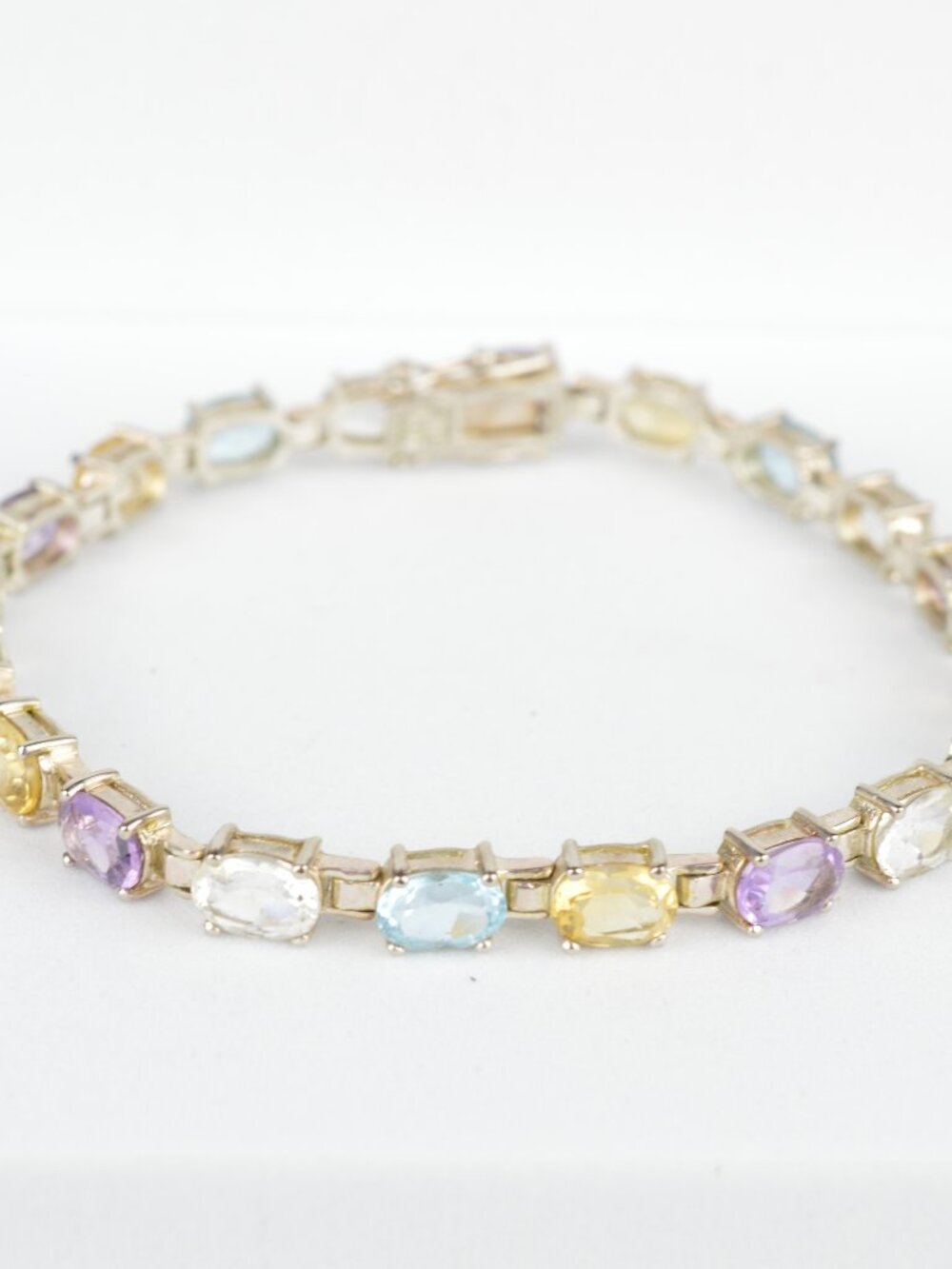 ALX Thai 925 Sterling Silver Multi Gemstone Tennis Bracelet 7" Oval Pastel 13.3g